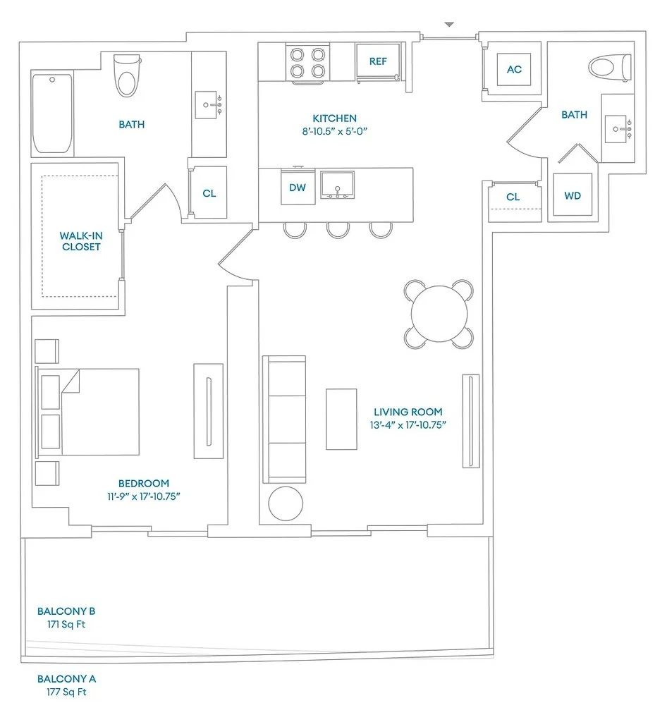 1 Bedroom 1.5  Bathrooms